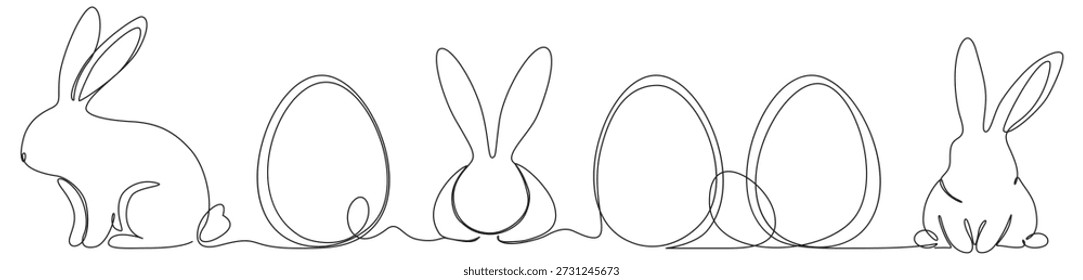 Outline illustration of Easter bunnies and eggs, perfect for festive designs and decorations.