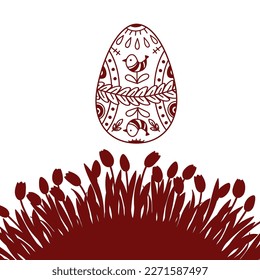 The outline illustration of an Easter egg and tulips. Easter concept for cards or other decorations