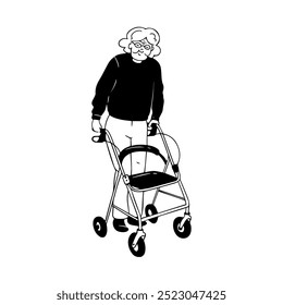 esboço ilustração de mulher idosa rollator com rodas caminhante