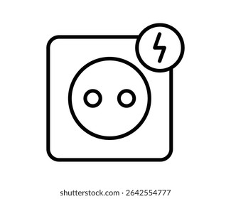 Outline illustration of electrical outlet with lightning icon. Symbolizes energy, power, connection, and charging. Great for tech, electricity or innovation concepts.