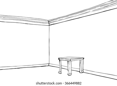 Outline illustration of empty room with table and blank walls