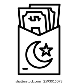 Outline illustration of an envelope filled with money, decorated with a crescent moon symbol, useful for financial and cultural themes.