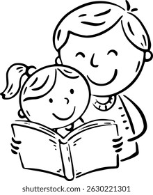 Outline illustration of father reading a book to his little daughter. Happy cartoon family clipart. Dad spend time with child