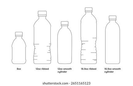 Outline illustration featuring five different water bottle shapes and sizes. Concept of packaging design and product comparison. Vector
