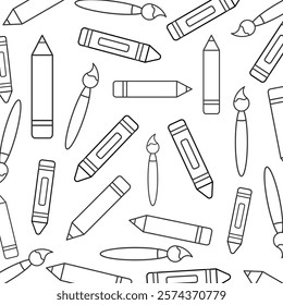 Outline illustration featuring a seamless background pattern of yellow pencils and paintbrushes. Art projects, school graphics, and educational or artistic concept.