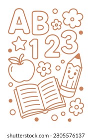An outline illustration featuring various school-related items such as alphabet letters, numbers, an apple, a book, a pencil, and flowers.