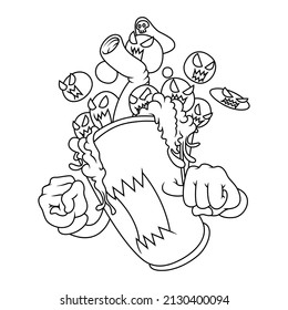 Outline illustration of fierce cartoon boba drink 