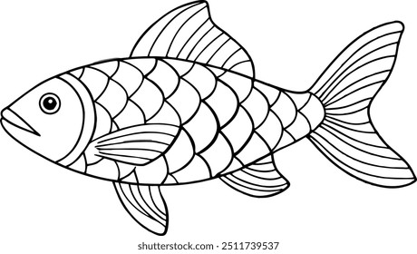 Ilustração de esboço de um peixe com escamas detalhadas e barbatanas para colorir livros e materiais educativos