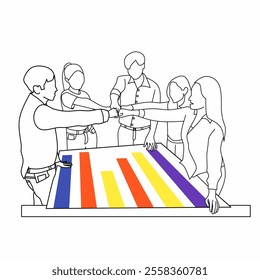 outline illustration of five people gathered around a table with a colorful bar chart, all reaching their hands towards the center as a gesture of teamwork or agreement. outline illustration of teamwo