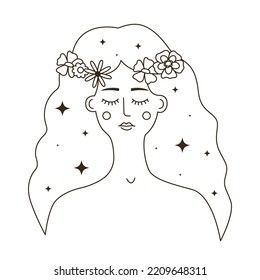 Outline illustration of forest witch with long hair and floral diadem. 60s and 70s vibes psychedelic vector sketch. Meditating pagan woman. Abstract trippy drawing. Symbol of nature