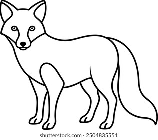An outline illustration of a fox, sitting with its bushy tail wrapped around, drawn with sleek and sharp lines on a white background.