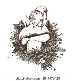 Outline illustration of garden gnome sitting on a mushroom. Cute fairytale character