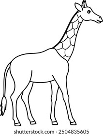 An outline illustration of a giraffe, showing its long neck and slender legs, drawn with clean, flowing lines on a white background.