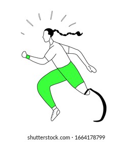 Outline illustration of girl runner with prosthetic leg. Jogger sportswoman. Stylized strong athletic woman with disability. Sport for all. Vector line art for card, article and your creativity