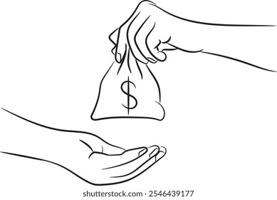 Outline illustration of giving a bag of money to someone else