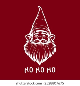 outline illustration of gnome and christmas text - ho ho ho, red background