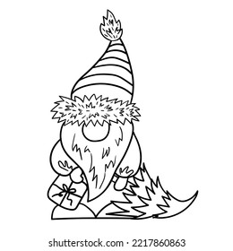 Outline illustration of a gnome with a gift and Christmas tree. 