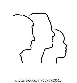 Outline illustration of grandfather, father and son profile linear portrait. Editable stroke