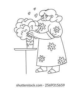 Outline illustration of a grandmother arranging a bouquet in a vase. Minimalist black-and-white design with hearts symbolizes love and care, perfect for coloring or themed projects