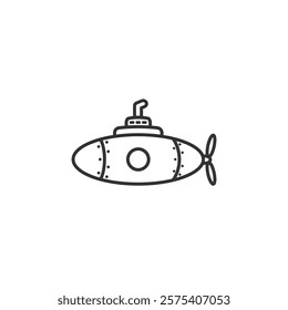 Outline illustration of a gray submarine with a blue window and black backdrop symbolizing underwater exploration and adventure.