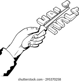 Outline illustration of hand cutting word in half with knife