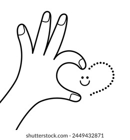 Outline illustration Hand shows OK gesture and Smiley face inside heart Compliment to a person