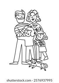 Outline illustration of a happy family with a mother, father, and two daughters hugging together, accompanied by a joyful cat. Perfect for children's books, family-themed designs, and heartwarming pro