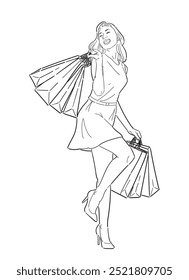 Outline illustration of happy woman with shopping bags, shopping happily in retro style, happy shopping, vector line art.