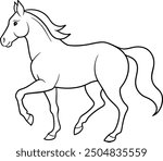 An outline illustration of a horse, in a galloping pose, with smooth and elegant lines on a white background.