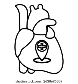 Outline illustration of a human heart with a map pin containing a medical cross, symbolizing heart care center or cardiac location services.