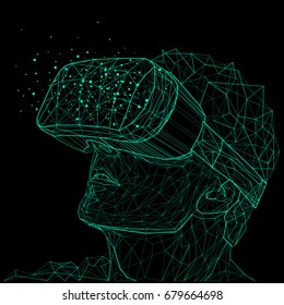 Outline illustration of a human in virtual reality glasses. Low poly geometric triangular wire graphic construction structure. Digital art