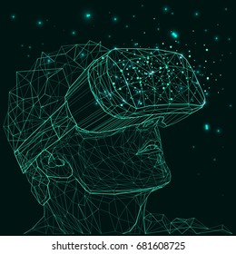 Outline illustration of a human in virtual reality glasses. Low poly geometric triangular wire graphic construction structure