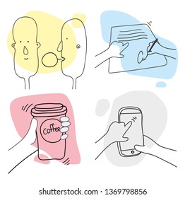 Outline Illustration Human Work Day Hand Drawn Set