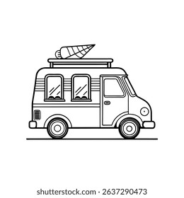 outline illustration of an ice cream car, perfect for summer-themed designs, food truck branding, and dessert-related graphics.