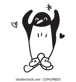 Outline illustration. Ice skating penguin. Hand drawn vector icon on white background. 