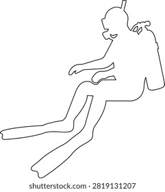 Outline illustration of an individual fully equipped for scuba diving, including mask, snorkel, tank, and fins, engaged in an underwater activity.