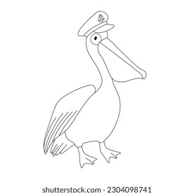 Outline illustration isolated on white. Funny pelican with nautical captain hat for coloring book. Line sketch