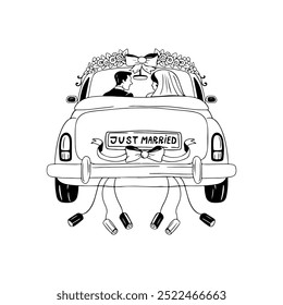 Outline illustration of just married car	