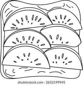Um esboço ilustração de um sanduíche de kiwi frutas, kiwi fatiado na torrada, ideal para café da manhã doce ou projetos com tema de frutas