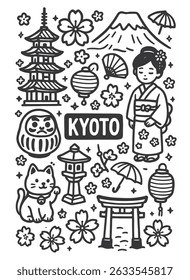 Outline illustration of Kyoto landmarks, including a geisha, temple, and Mount Fuji.