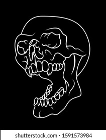 An outline illustration of a laughing skull with fangs on a black background, inspired by tattoo art.