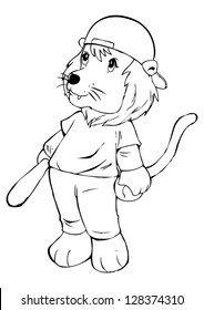 Outline illustration of a lion in baseball uniform