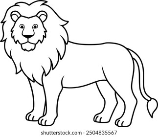 An outline illustration of a lion, with a majestic mane, standing in a powerful pose, drawn with minimalistic lines on a white background.