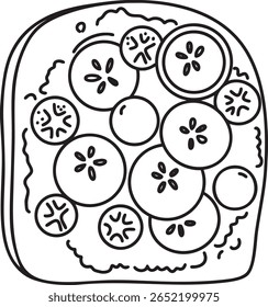 Um esboço ilustração de um sanduíche de raiz de lótus, raiz de lótus fatiado na torrada, adequado para ícones de alimentos exclusivos ou projetos inspirados na Ásia