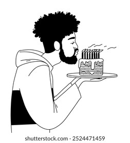 Ilustración de contorno, hombre soplando velas en un pastel de cumpleaños. Ilustración vectorial