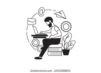 outline illustration man still work in the front laptop as designer website