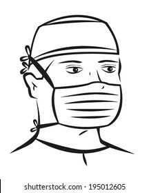 Outline Illustration of a Man wearing a Standard Surgical Mask and Cap Vector for Protection. Editable Clip Art.