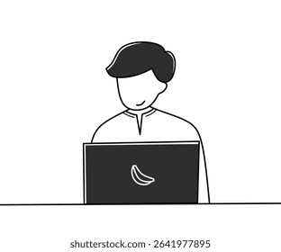 Outline illustration of a man working on a laptop, minimal line art style for productivity or renote work concept