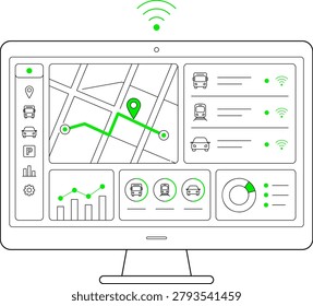 Outline illustration of mobility management dashboard featuring route tracking, transit monitoring, analytics, and connected transportation data.