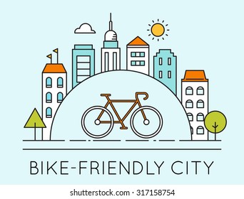 Outline Illustration of Modern City and Touring Bike. Bicycle-Friendly Sign. 